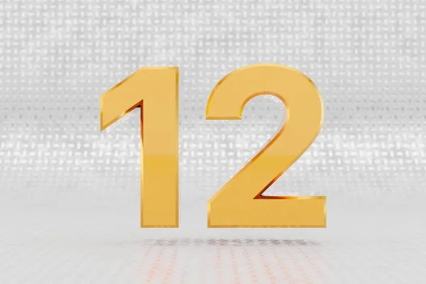 Yellow 3d number 12. Glossy yellow metallic number on metal floor background. 3d rendered font character. — Stock Photo, Image