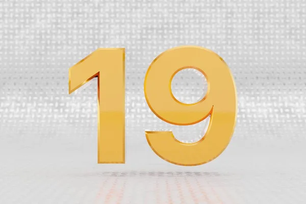 Geel 3d nummer 19. Glanzend geel metallic nummer op metalen vloer achtergrond. 3d render lettertype character. — Stockfoto