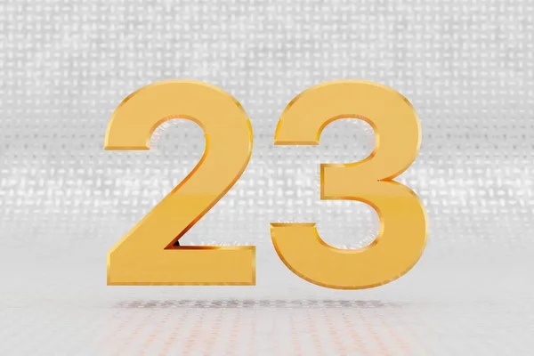 Жовтий 3d номер 23. Глянцевий жовтий металевий номер на фоні металевої підлоги. Тривимірний символ шрифту . — стокове фото