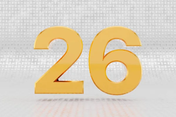 黄色の3D番号26 。金属床の背景に光沢のある黄色の金属番号。3Dレンダリングフォント文字. — ストック写真