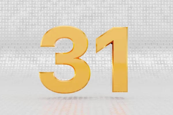 Žluté 3d číslo31. Lesklé žluté kovové číslo na kovovém podkladu. 3D vykreslený znak písma. — Stock fotografie