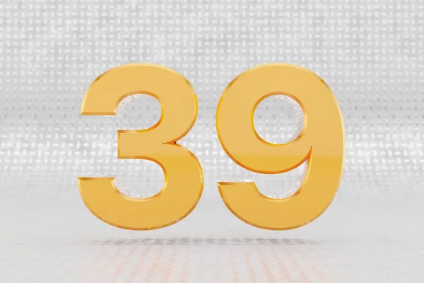 Sárga 3d 39-es szám. Fényes sárga fémes szám a fémpadló hátterében. 3d renderelt betűtípus karakter. — Stock Fotó