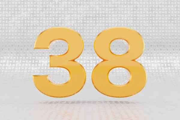 Gelbe 3D-Nummer 38. Glänzend gelb metallische Zahl auf Metallboden Hintergrund. 3D gerenderte Schrift. — Stockfoto