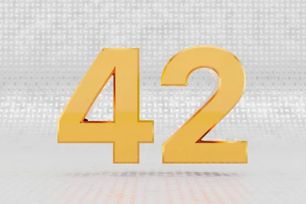 Yellow 3d number 42. Glossy yellow metallic number on metal floor background. 3d rendered font character.