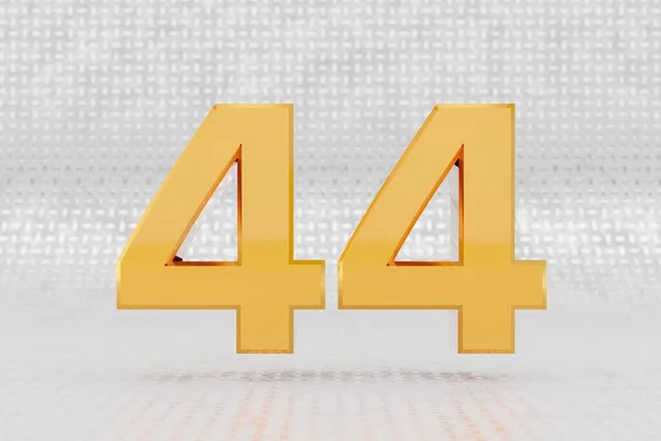 Žluté 3d číslo44. Lesklé žluté kovové číslo na kovovém podkladu. 3D vykreslený znak písma. — Stock fotografie