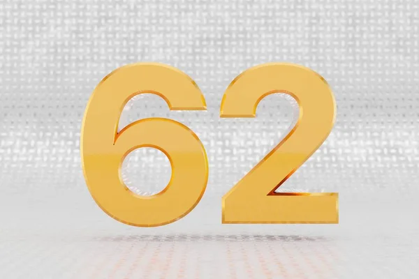 Geel 3d nummer 62. Glanzend geel metallic nummer op metalen vloer achtergrond. 3d render lettertype character. — Stockfoto