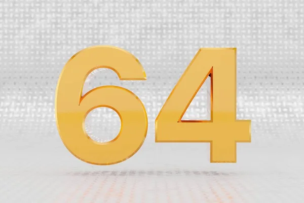 Yellow 3d number 64. Glossy yellow metallic number on metal floor background. 3d rendered font character. — Stock Photo, Image