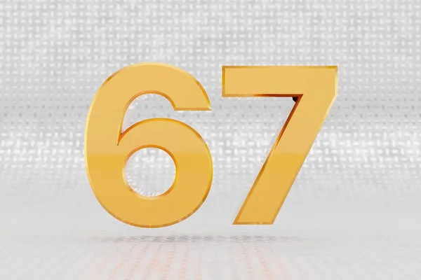 Sárga 3d szám 67. Fényes sárga fémes szám a fémpadló hátterében. 3d renderelt betűtípus karakter. — Stock Fotó