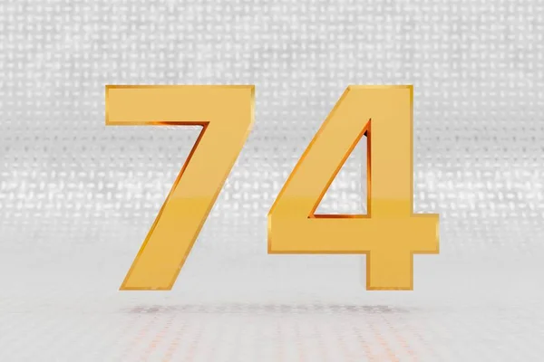 Sárga 3d szám 74. Fényes sárga fémes szám a fémpadló hátterében. 3d renderelt betűtípus karakter. — Stock Fotó