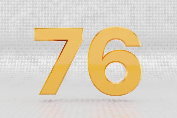 Gelbe 3D-Nummer 76. Glänzend gelb metallische Zahl auf Metallboden Hintergrund. 3D gerenderte Schrift. — Stockfoto