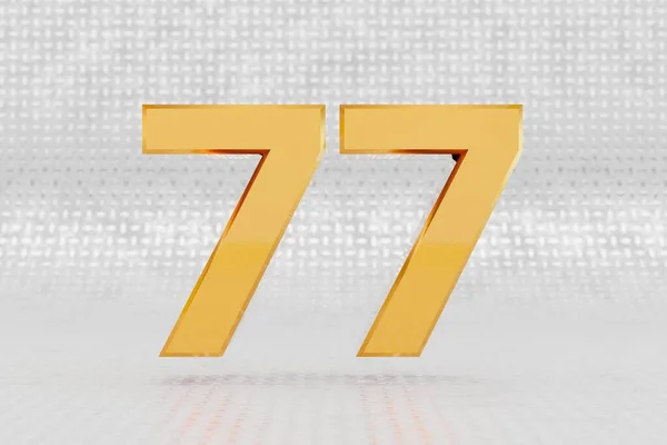 Gelbe 3D-Nummer 77. Glänzend gelb metallische Zahl auf Metallboden Hintergrund. 3D gerenderte Schrift. — Stockfoto