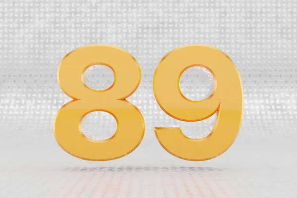 Sárga 3d szám 89. Fényes sárga fémes szám a fémpadló hátterében. 3d renderelt betűtípus karakter. — Stock Fotó