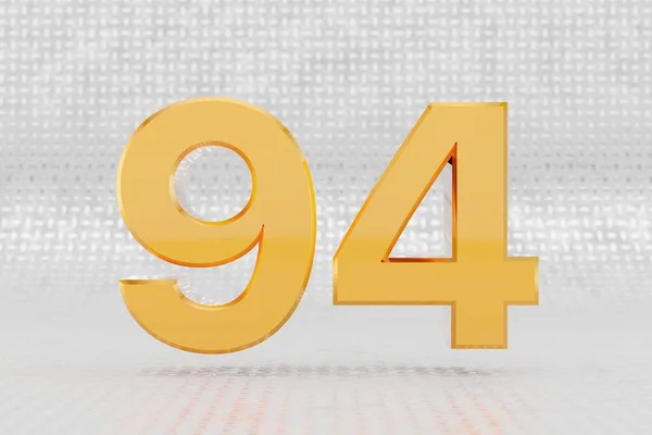 Sárga 3d szám 94. Fényes sárga fémes szám a fémpadló hátterében. 3d renderelt betűtípus karakter. — Stock Fotó