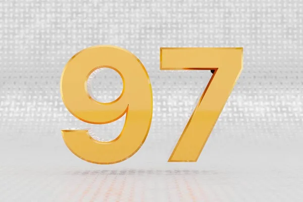Sárga 3d szám 97. Fényes sárga fémes szám a fémpadló hátterében. 3d renderelt betűtípus karakter. — Stock Fotó