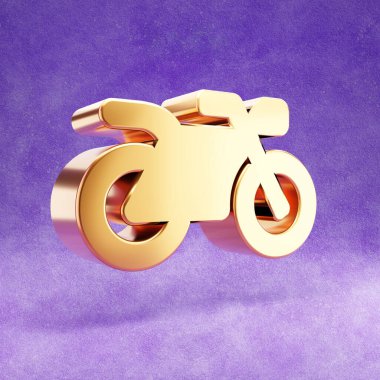 Motosiklet ikonu. Mor kadife arka planda izole edilmiş altın renkli motosiklet sembolü.