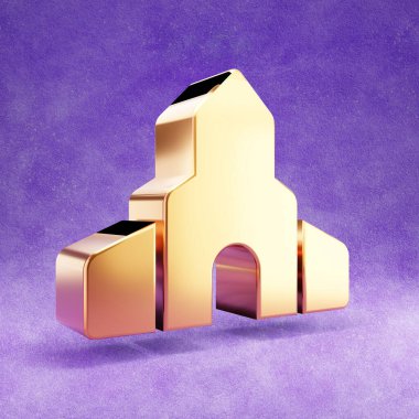 Kilise ikonu. Mor kadife arka planda izole edilmiş altın parıltılı kilise sembolü.