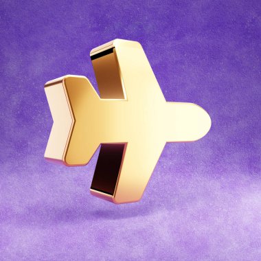 Uçak ikonu. Mor kadife arka planda izole edilmiş altın renkli uçak sembolü.