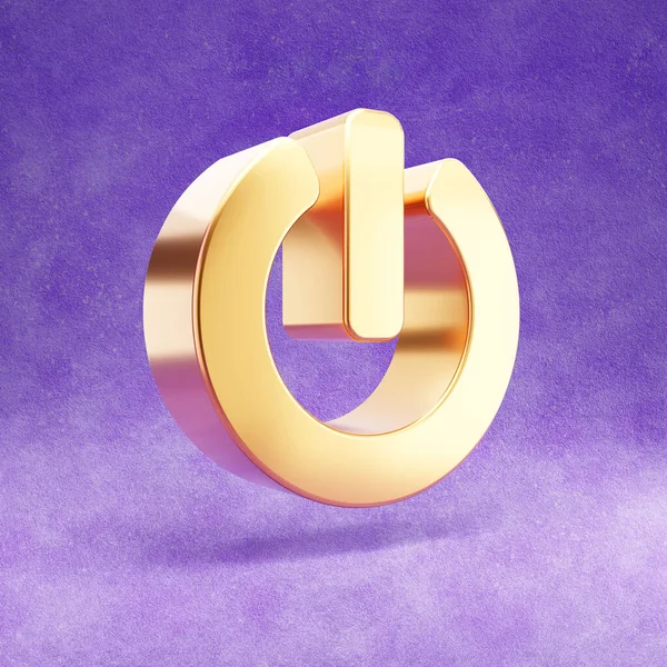 Power icon. Gold glossy Power symbol isolated on violet velvet background.