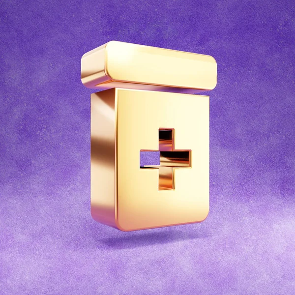 Prescription icon. Gold glossy Prescription symbol isolated on violet velvet background.