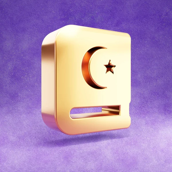 Ícone do Alcorão. Ouro brilhante símbolo Alcorão isolado no fundo de veludo violeta. — Fotografia de Stock