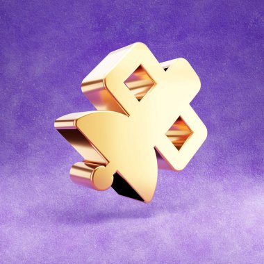 Uydu simgesi. Mor kadife arka planda izole edilmiş altın parıltılı uydu sembolü.