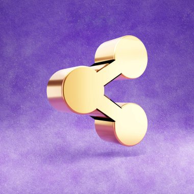 Simgeyi paylaş. Altın parıltılı sembol menekşe kadife arkaplanda izole edilmiş.