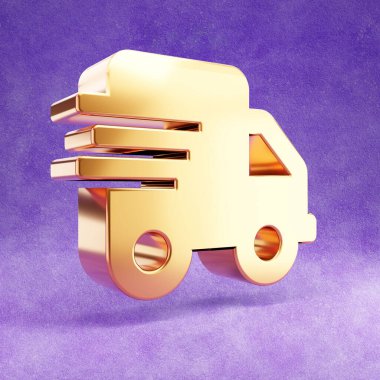 Hızlı sevkiyat ikonu. Mor kadife arka planda izole edilmiş altın parıltılı hızlı nakliye sembolü.