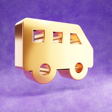 Mekik minibüsü ikonu. Mor kadife arka planda izole edilmiş altın parıltılı servis aracı sembolü.