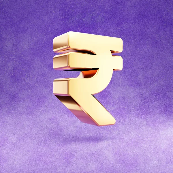 Rupéikon. Guld glansiga Rupee symbol isolerad på violett sammet bakgrund. — Stockfoto