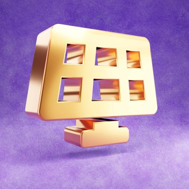 Güneş paneli simgesi. Mor kadife arka planda izole edilmiş altın parıltılı güneş paneli sembolü.