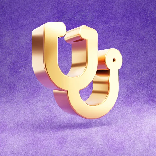 Εικονίδιο στηθοσκοπίου. Χρυσό γυαλιστερό Stethoscope σύμβολο απομονωμένο σε βιολετί βελούδο φόντο. — Φωτογραφία Αρχείου