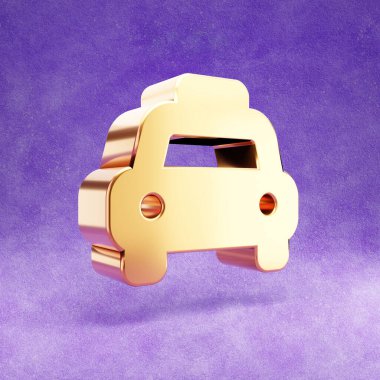 Taksi ikonu. Mor kadife arka planda izole edilmiş altın parıltılı taksi sembolü.