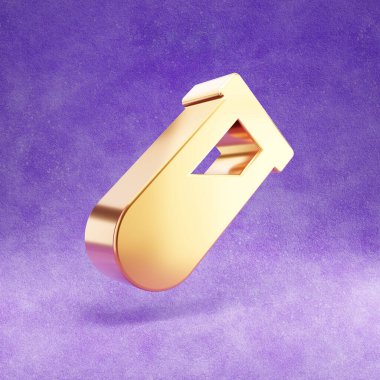 Matara ikonu. Mor kadife arka planda izole edilmiş altın parıltılı matara sembolü.