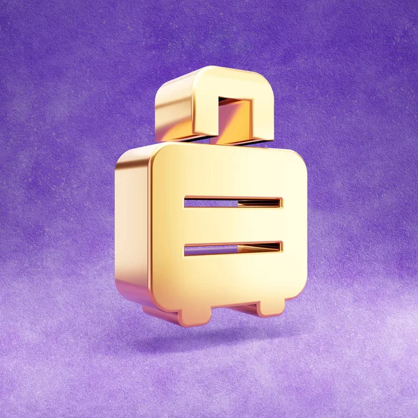 Suitcase rolling icon. Gold glossy Suitcase rolling symbol isolated on violet velvet background.