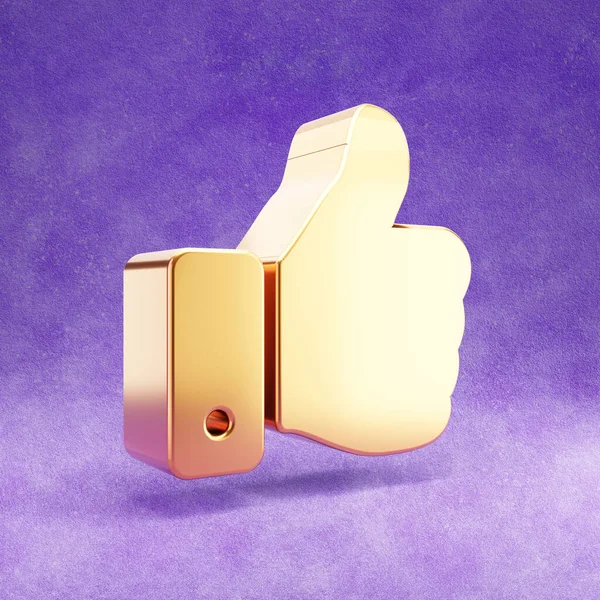 Hüvelykujj felfelé. Arany fényes hüvelykujj fel szimbólum elszigetelt lila bársony háttér. — Stock Fotó