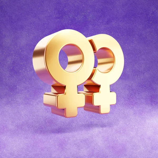 Doppeltes Venussymbol. Gold glänzend Doppelvenus Symbol isoliert auf violettem Samt Hintergrund. — Stockfoto
