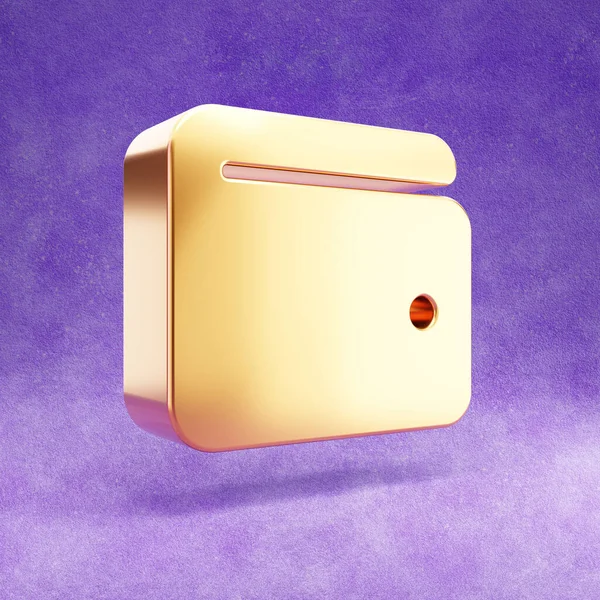 Portemonnee icoon. Gouden glanzende portemonnee symbool geïsoleerd op violette fluwelen achtergrond. — Stockfoto