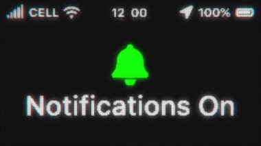 Bildirimler eski ekranda görünsün. Telefon hud 'lu pikselli metin animasyonu. Yeşil çan simgesi.