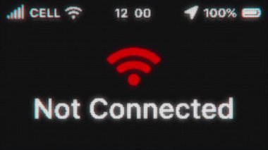 İnternete Bağlı Değil eski ekranda görünsün. Telefon hud 'lu pikselli metin animasyonu. Kırmızı Wi-Fi simgesi.