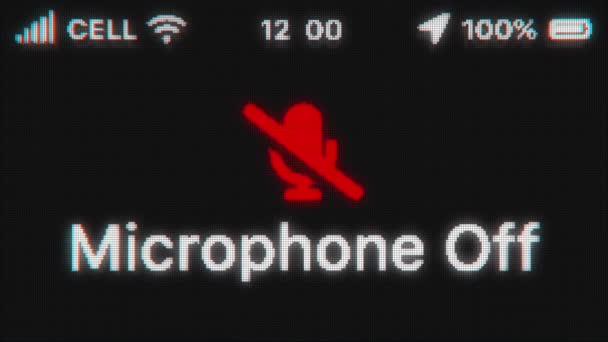 Microphone Off apparaît sur l'ancien écran. Animation texte pixellisée avec hud de téléphone. icône de microphone rouge caressé. — Video