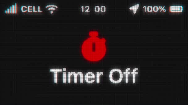 Timer Off erscheint auf dem alten Display. Verpixelte Textanimation mit Telefon hud. Rote Stoppuhr. — Stockvideo
