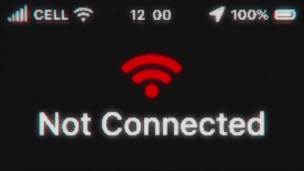 Não conectado à Internet aparecem em exibição antiga. Animação de texto pixelada com hud de telefone. Ícone wi-fi vermelho. — Vídeo de Stock