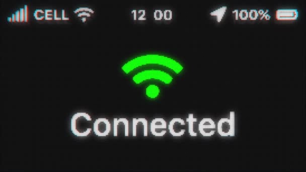 Conectado à Internet aparecem em exibição antiga. Animação de texto pixelada com hud de telefone. Ícone wi-fi verde. — Vídeo de Stock