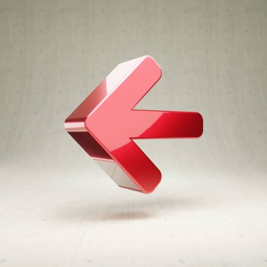 Sol Ok simgesi. Kırmızı parlak metalik ok Beyaz beton arkaplanda izole edilmiş sol sembol.