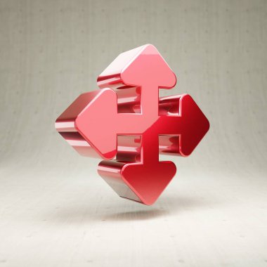 Ok simgesi. Beyaz beton arkaplanda izole edilmiş kırmızı parlak metalik oklar sembolü.