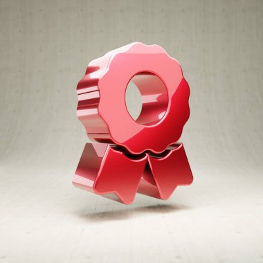 Ödül ikonu. Beyaz beton arkaplanda izole edilmiş kırmızı parlak metalik ödül sembolü.