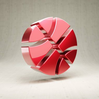 Basketbol topu ikonu. Beyaz beton arka planda izole edilmiş kırmızı metalik basketbol topu sembolü.