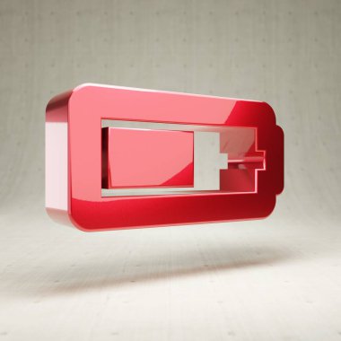 Yarı pil simgesi. Kırmızı parlak metalik yarı pil sembolü beyaz beton arka planda izole edilmiş..