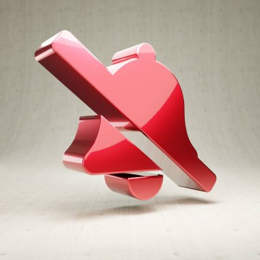 Bell ve Slash ikonu. Kırmızı parlak metalik çan / beyaz beton arka planda izole edilmiş sembol.