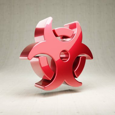 Biyolojik tehlike simgesi. Beyaz beton arka planda izole edilmiş kırmızı parlak metalik biyolojik tehlike sembolü.